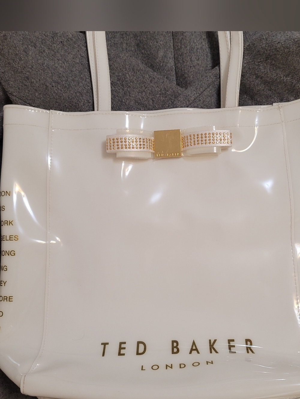 NWOT Large Ted Baker White Patent Tote with Gold Bow Accent